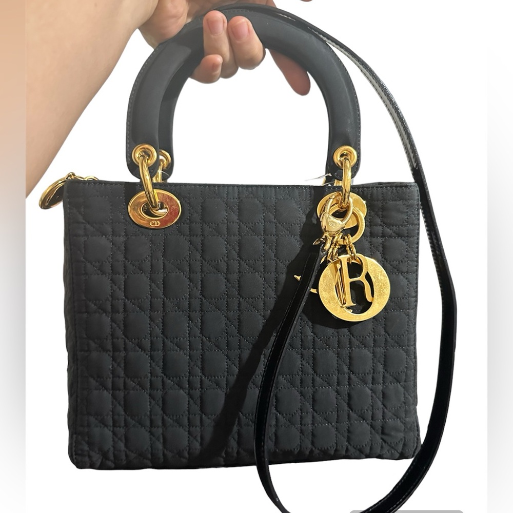 Lady Dior Black Nylon Medium Size Vintage Gold Hardware Preowned